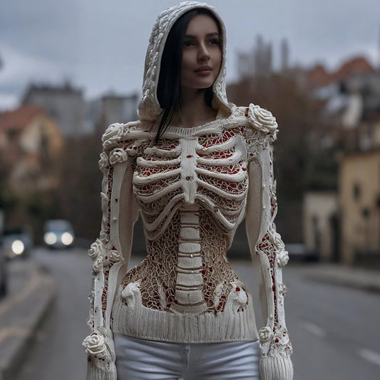 Women's Halloween Skull And White Rose Mesh Sweater artswardrobe