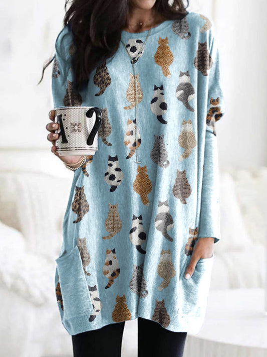 Cute Cats Embroidery Pattern Long Sleeve T-Shirt elevenforest