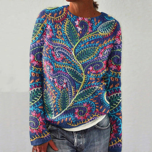 Vintage Embroidered Floral Print Crew Neck Sweater elevenforest