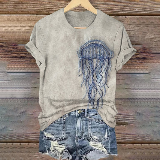 Comstylish Japanese Ocean Octopus Embroidery Art Crew Neck T-shirt