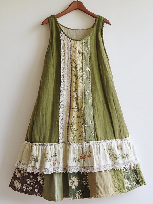 Floral Pattern Lace Patchwork Linen Blend Dress artswardrobe