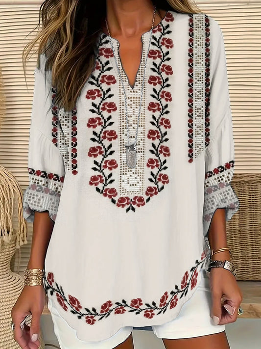 Comstylish Rose Ethnic Floral Embroidery Pattern Women's V-Neck Shirt