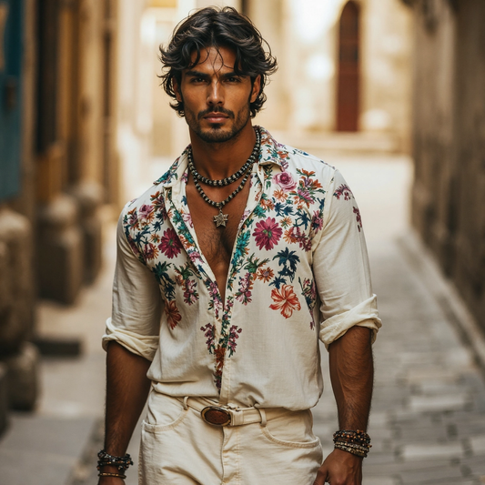 Men's Bohemian Floral Casual Linen Shirt artswardrobe