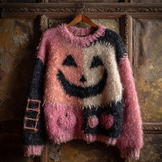 Women's Vintage Halloween Pink Ghost Face Knit Sweater elevenforest