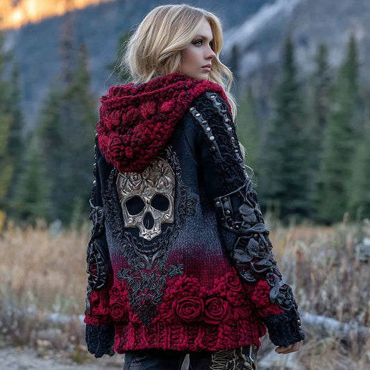 Womens Vintage Rose Skull Gradient Chunky Knit Zip-up Hooded Sweater elevenforest