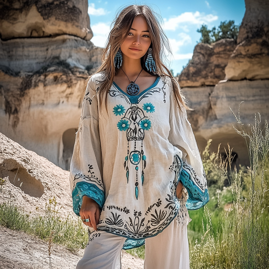 Vintage Tribal Dreamcatcher Tassel Embroidered Linen Tunic Shirt artswardrobe