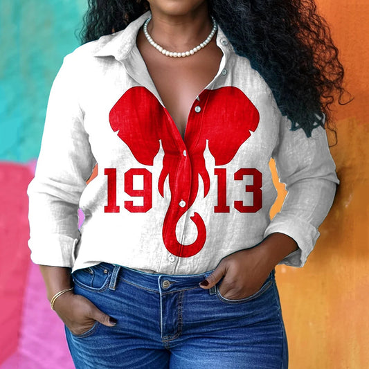 Comstylish Women's Fashion Red Sisterhood Art Print Casual Cotton Shirt