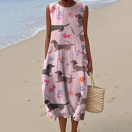 Retro Sausage Dog Cute Dachshund Art Linen Tank Midi Dress artswardrobe