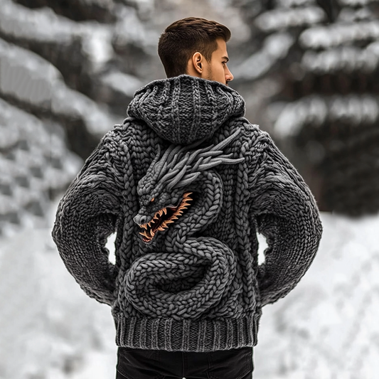 Men's Viking Tribal Dragon Jacquard Celtic Inspired Cozy Hooded Sweater elevenforest