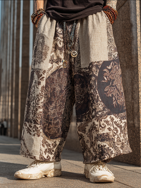 Western Bohemian Style Plant And Flower Pattern Retro Cotton And Linen Loose Wide-leg Pants artswardrobe