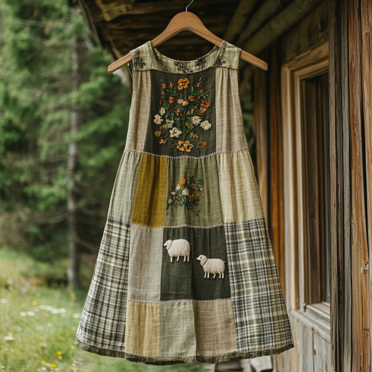 Women's Vintage Sheep In Plaid Print Sleeveless Dress artswardrobe