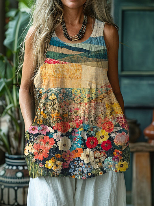 Vintage Boho Floral Patchwork Linen Tank Top artswardrobe
