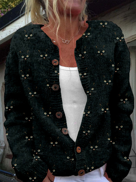 Comstylish Cute Cat Face Pattern Cozy Knit Cardigan