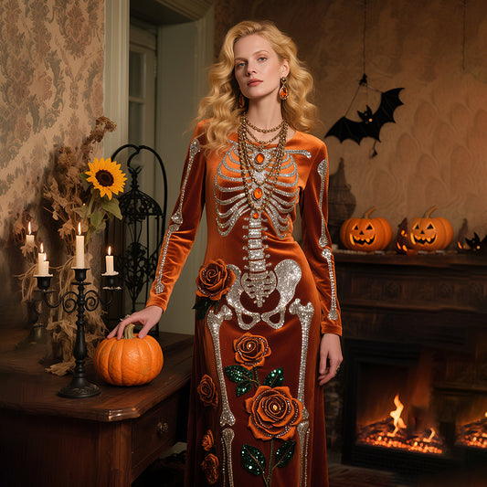Comstylish Vintage Halloween Skeleton Bones With Roses Flowy Velvet Maxi Dress