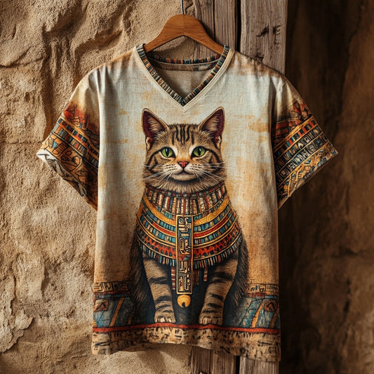 Comstylish Retro Ancient Egyptian Cute Cat Art Linen Cotton Blend T-shirt