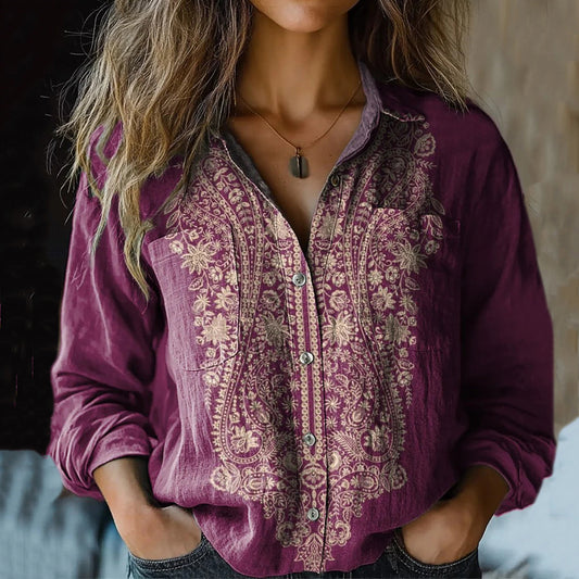 Bohemian Style Ethnic Floral Linen Print  Long Sleeve Shirt artswardrobe
