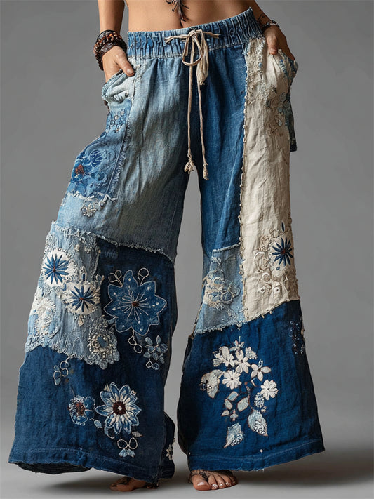 Comstylish Boho Floral Lace Fiber Art Patchwork Flowy Wide Leg Pants
