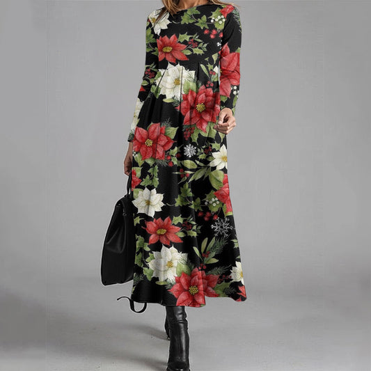 Elegant Floral Print Long Sleeve Crew Neck Midi Dress elevenforest