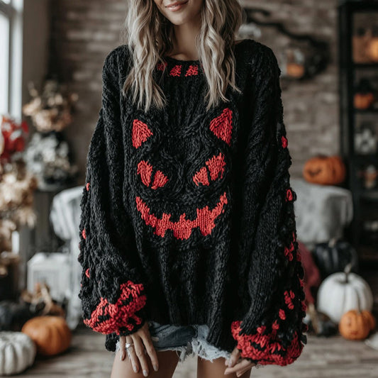 Comstylish Halloween Black Smiley Face Contrast Knitted Cozy Sweater