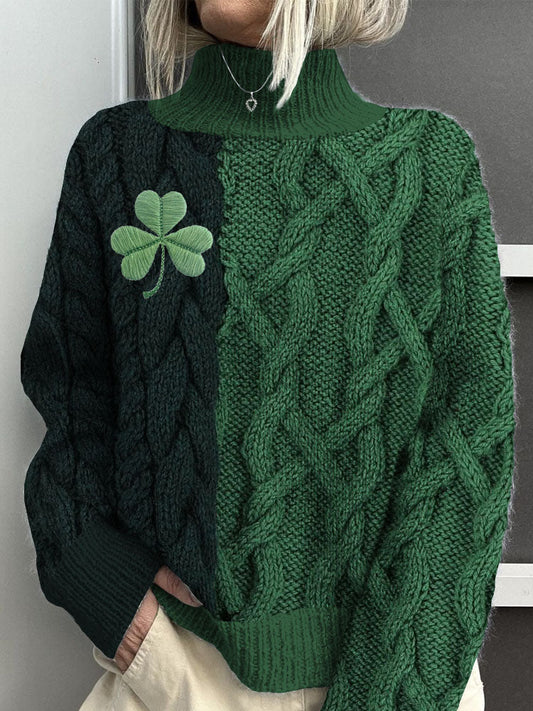 Shamrock Embroidered Jacquard Cozy Turtleneck Sweater artswardrobe