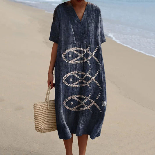 Comstylish Women's Vintage Fish Art Print V-Neck Loose Midi Dress