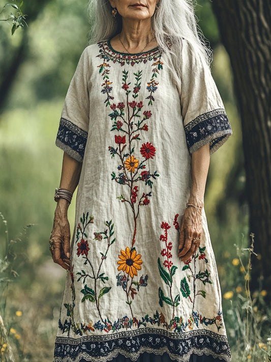 Vintage Floral Embroidery Women's Linen Short Sleeve Maxi Dress artswardrobe