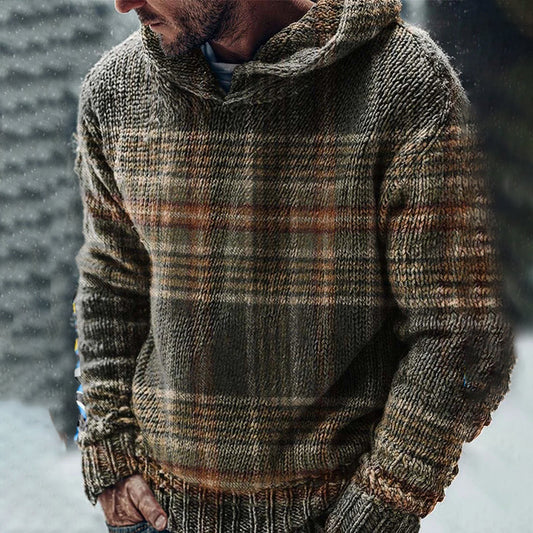Vintage Plaid Art Print Casual Knitted Hoodie Sweater artswardrobe