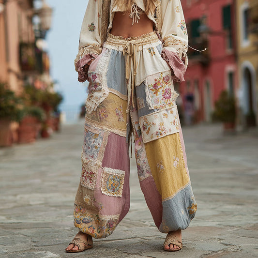 Women's Retro Floral Stitching Casual Pants artswardrobe