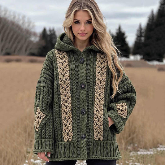 Women's Weave Knotted Jacquard Pocket Hoodie Cardigan artswardrobe