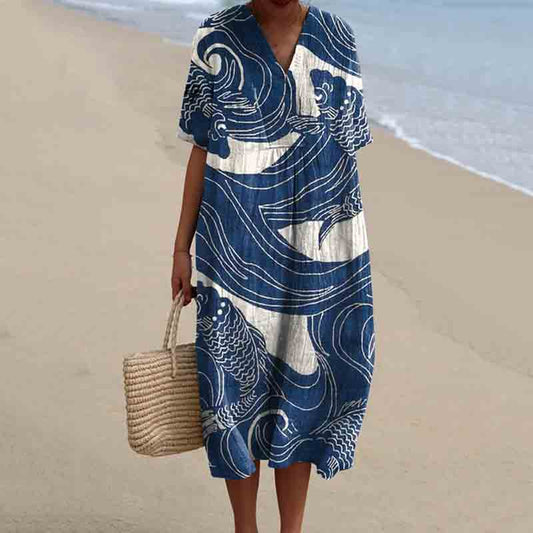 Comstylish Women's Vintage Fish Art Print V-Neck Midi Dress