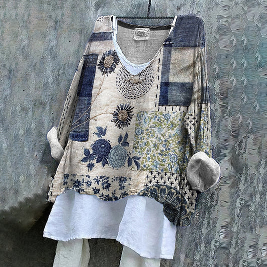 Floral Embroidered Japanese Sashiko Art Linen Blend Tunic artswardrobe