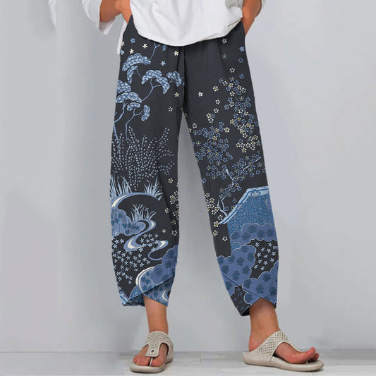 Comstylish Japanese Flowers Art Cropped Casual Pants