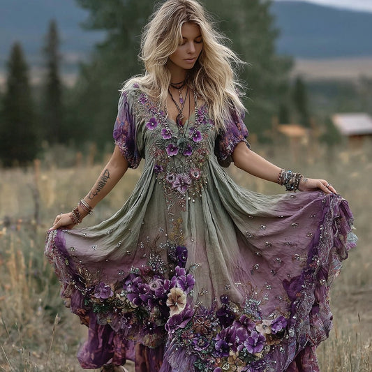 Vintage Gradient Purple Pansy Embroidered Linen Maxi Dress artswardrobe
