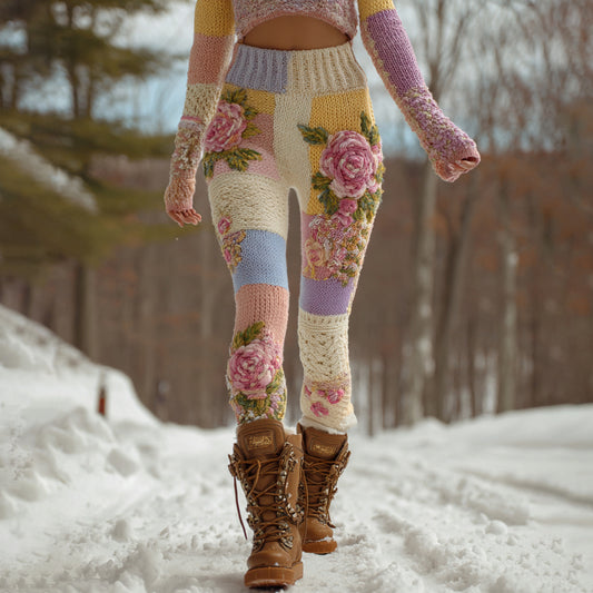 Comstylish Women's Vintage Floral Art Patchwork Cozy Knit Leggings