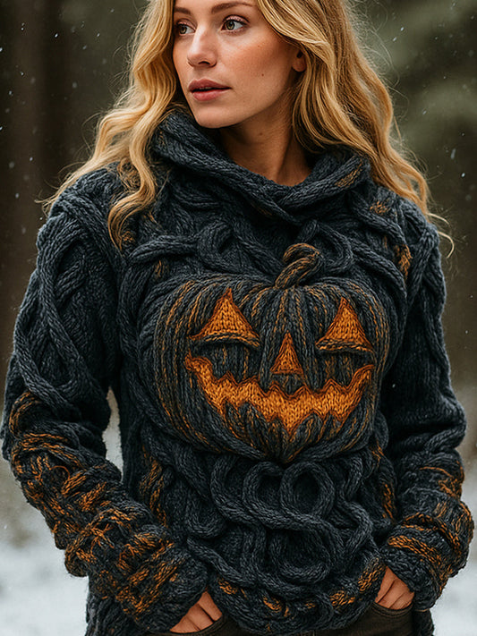 Halloween Spooky Pumpkin Light Women's Chunky Knit Hooded Sweater elevenforest