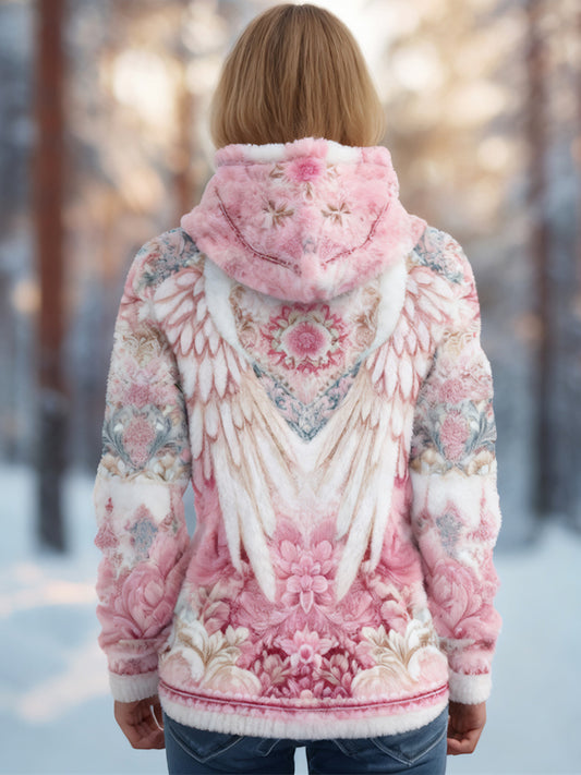 Comstylish Boho Floral & Wing Pattern Women's Flannel Hooded Sweatshirt
