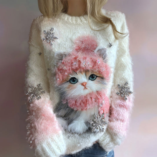 Women's Vintage Christmas Cute Cat Snowflake Art Cozy Sweater elevenforest