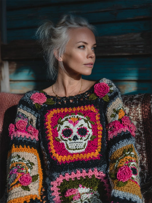 Day Of The Dead Sugar Skulls Roses Crochet Cozy Sweater elevenforest