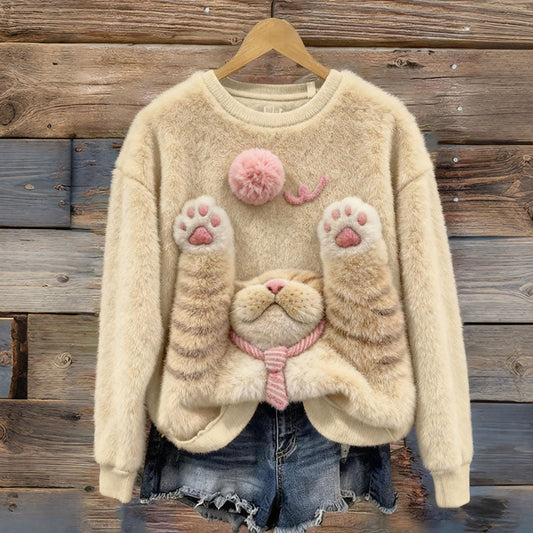 Cute Cat Plush Warm Crew Neck Sweater elevenforest