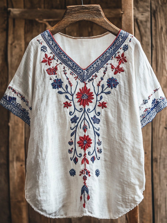 Vintage Floral Embroidery Women's Linen V-neck Shirt artswardrobe