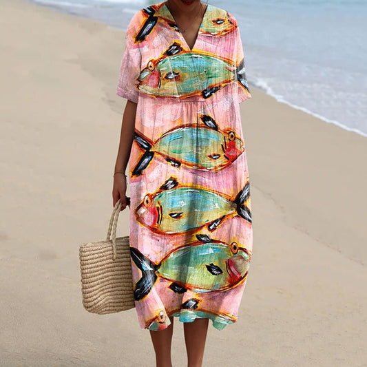 Comstylish Women'S Fish Painting Art Print Casual Dress