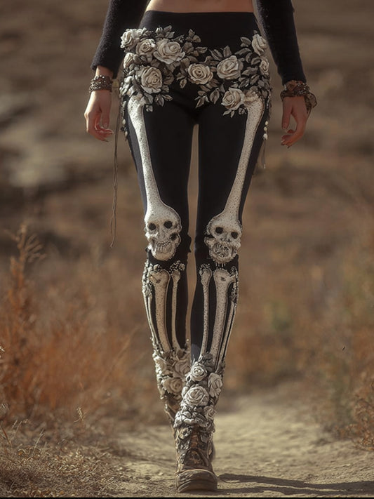 Comstylish Women's Halloween Skeleton Skeleton And Three Dimensional Rose Slimming Pants