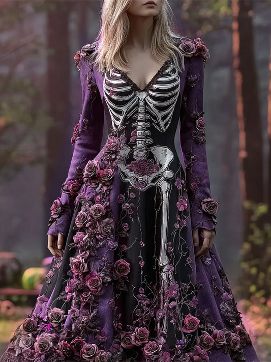 Comstylish Halloween Skeleton Floral Art Women's V-neck Long-sleeve Maxi Dress
