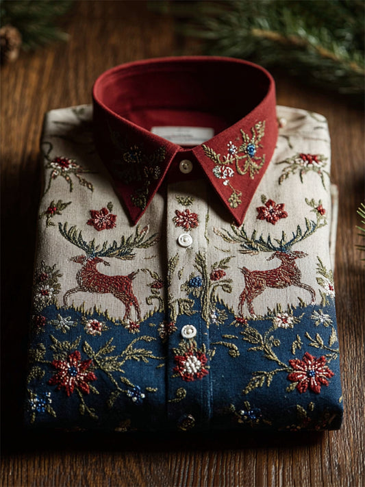 Comstylish Christmas Inspired Reindeer Floral Contrast Color Linen Shirt