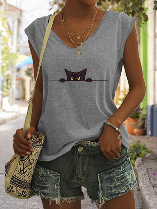 Comstylish Women's Casual Black Cat Print Vest
