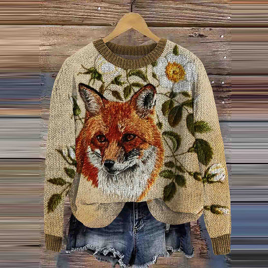 Falling Fox Embroidery Pattern Cozy Knit Sweater artswardrobe