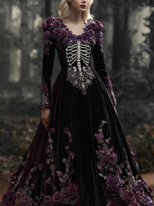 Comstylish Woman's Velvet-textured Long Dress Designed With A Combination Of Halloween Skeleton And Plant Flower Patterns.