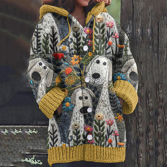 Comstylish Women's Cute Dogs And Floral Art Button Casual Sweater