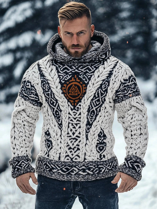 Men's Viking Valknut Embroidered Cozy Chunky Hooded Sweater elevenforest