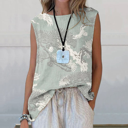 Comstylish Vintage Floral And Crane Art Printed Casual Sleeveless Top